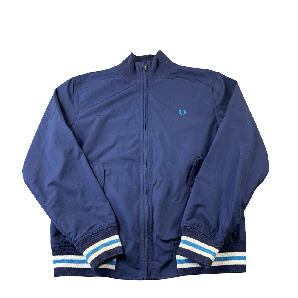 Fred Perry Blue Polyester White Tipped Bomber Mens Jacket Size Small